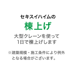 セキスイハイムの棟上げ 大型クレーンを使って1日で棟上げします ※建築規模・施工条件により例外となる場合がございます。