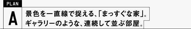 景色を一直線で捉える、「まっすぐな家」。ギャラリーのような、連続して並ぶ部屋。