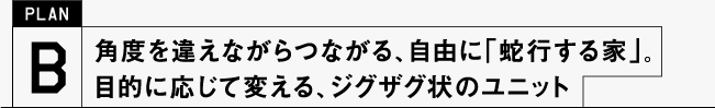 角度を違えながらつながる、自由に「蛇行する家」。目的に応じて変える、ジグザグ状のユニット